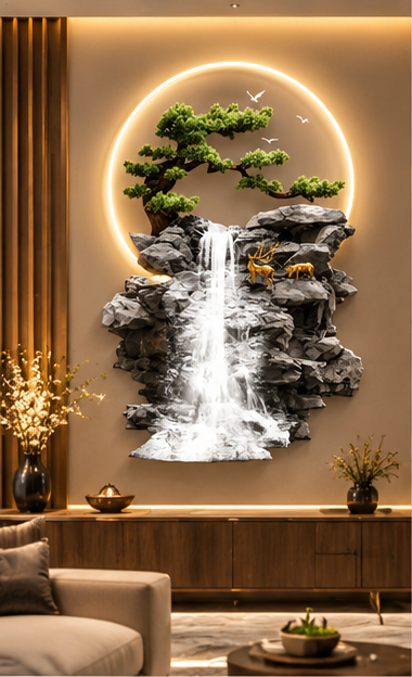 Tall boulder waterfall LED wall art with gold deer and preserved bonsai, 24 x 52 inch - styled above a console table