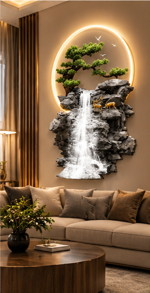 Tall boulder waterfall LED wall art with gold deer and preserved bonsai, 24 x 52 inch - styled in a living room