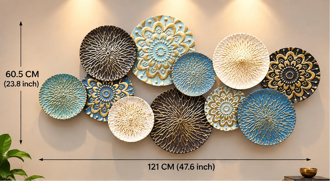 Multicolour mandala disc metal wall art in teal, blue, cream and gold, 121 x 60.5 cm