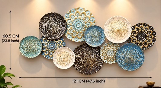 Multicolour mandala disc metal wall art in teal, blue, cream and gold, 121 x 60.5 cm