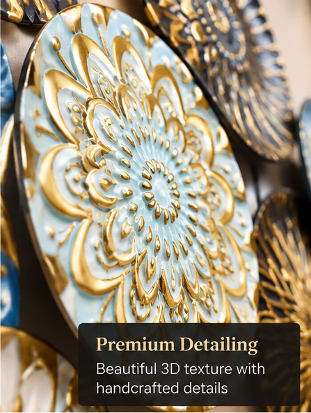 Multicolour mandala disc metal wall art in teal, blue, cream and gold, 121 x 60.5 cm - detail view 1