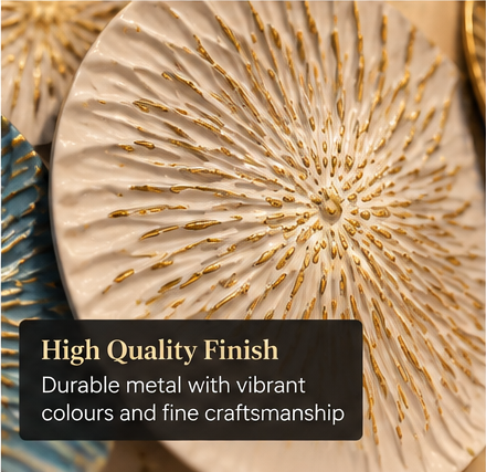 Multicolour mandala disc metal wall art in teal, blue, cream and gold, 121 x 60.5 cm - detail view 3