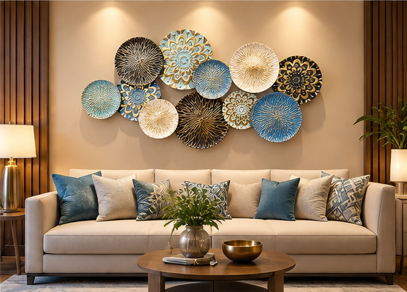 Multicolour mandala disc metal wall art in teal, blue, cream and gold, 121 x 60.5 cm - detail view 4
