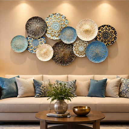Multicolour mandala disc metal wall art in teal, blue, cream and gold, 121 x 60.5 cm - detail view 4