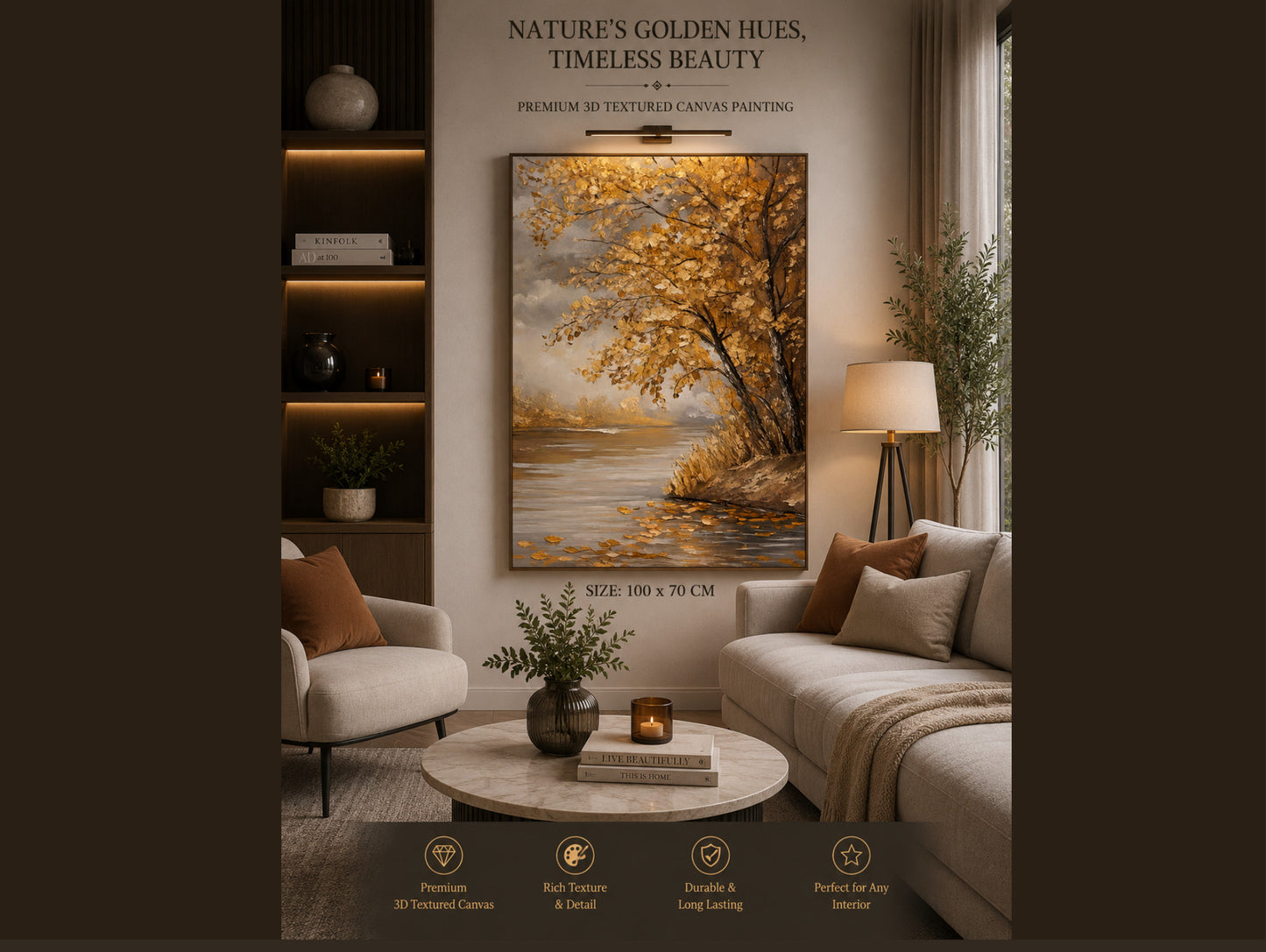 Autumn Mirror – 3D Textured Golden Lakeside Wall Art