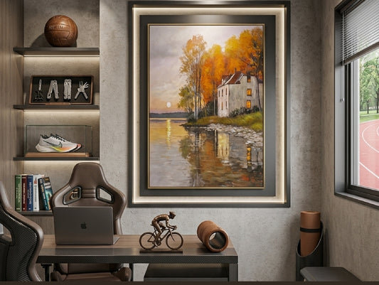 Golden Hour Retreat – 3D Textured Lakeside Cottage Wall Art