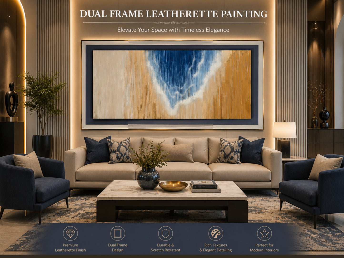 Azure Cascade – Dual-Frame Leatherette Gold-Foil Abstract Wall Art