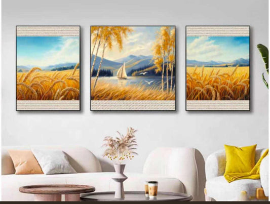Golden Harvest Lake – Textured Landscape Wall Art (Set of 3)
