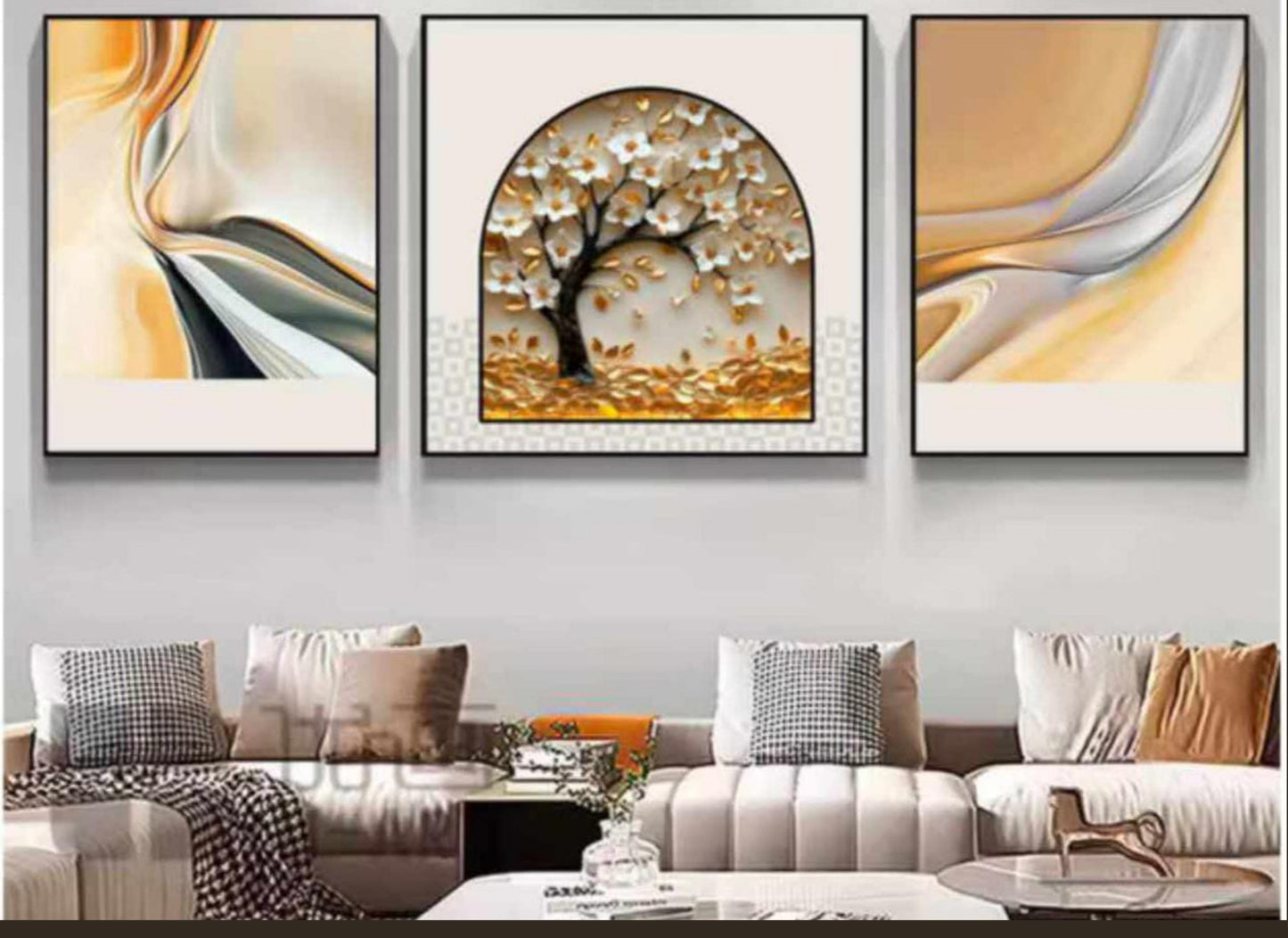 Prosperity Arch – Textured Blossom-Tree Wall Art (Set of 3)