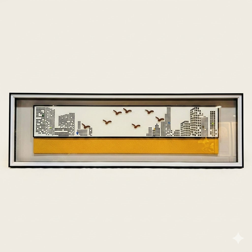 Urban Pulse Panoramic 3D Art – Modern Cityscape Glass Frame - Artiksha home decor wall art