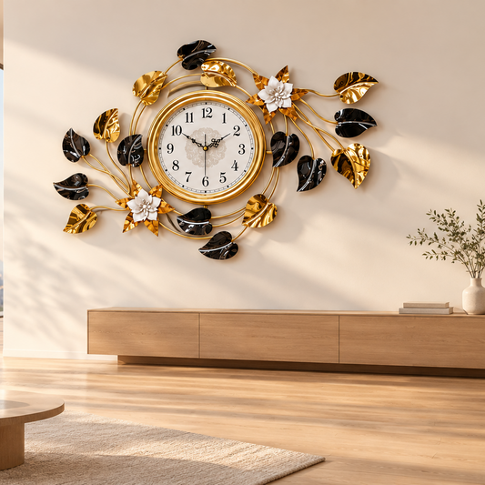 Black & Gold Lotus Leaf Metal Wall Clock 21 x 41 Inch