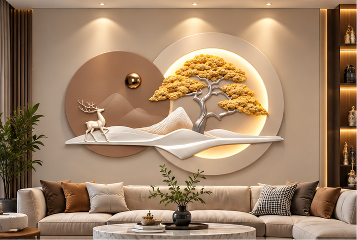 "Golden Serenity" Circular 3D Wall Art with Integrated LED Light