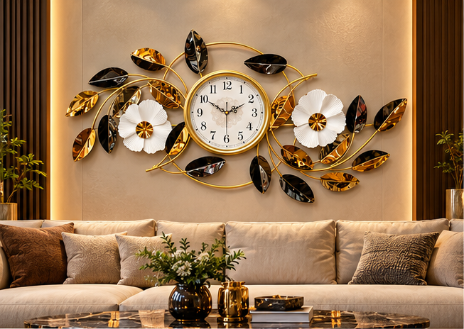 Black & Gold Floral Vine Metal Wall Clock 19 x 44 Inch