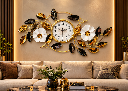 Black & Gold Floral Vine Metal Wall Clock 19 x 44 Inch