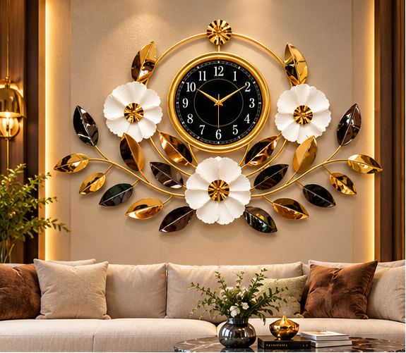 White Blossom & Leaf Metal Wall Clock