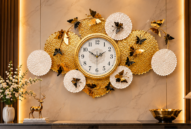 Butterfly & Lotus Disc Metal Wall Clock 21 x 40.5 Inch