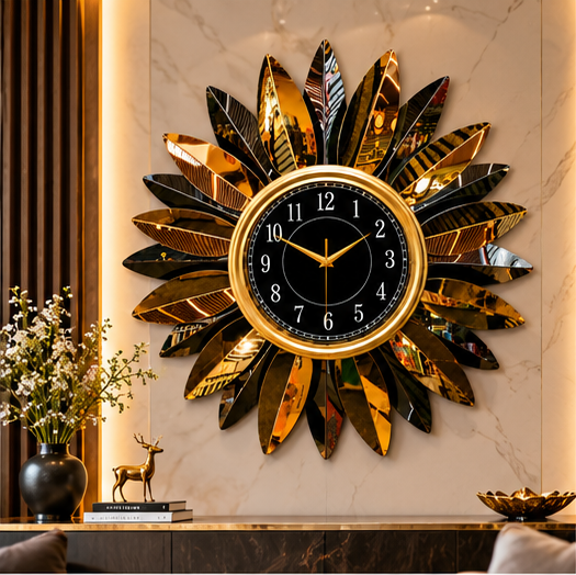 Black & Gold Sunburst Petal Metal Wall Clock 23 x 23 Inch