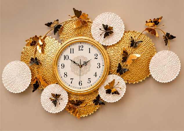 Butterfly & Lotus Disc Metal Wall Clock 21 x 40.5 Inch