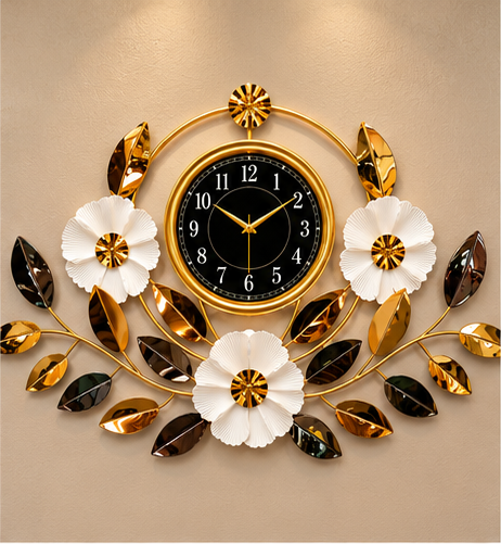 White Blossom & Leaf Metal Wall Clock