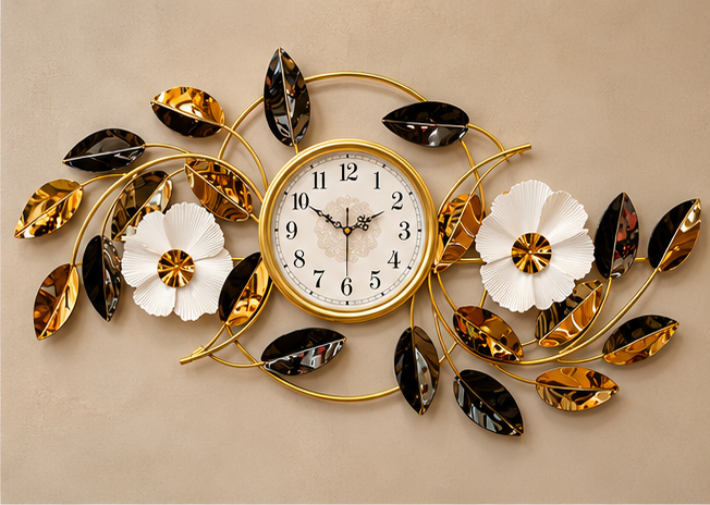 Black & Gold Floral Vine Metal Wall Clock 19 x 44 Inch