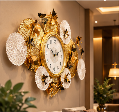 Butterfly & Lotus Disc Metal Wall Clock 21 x 40.5 Inch