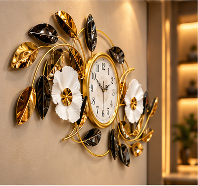 Black & Gold Floral Vine Metal Wall Clock 19 x 44 Inch