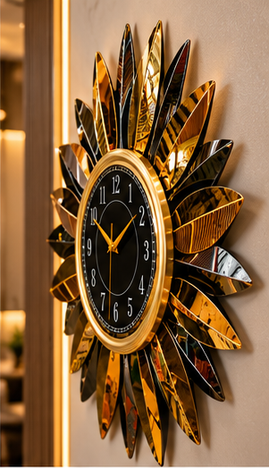 Black & Gold Sunburst Petal Metal Wall Clock 23 x 23 Inch