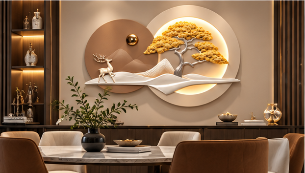 "Golden Serenity" Circular 3D Wall Art with Integrated LED Light