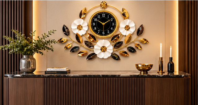 White Blossom & Leaf Metal Wall Clock