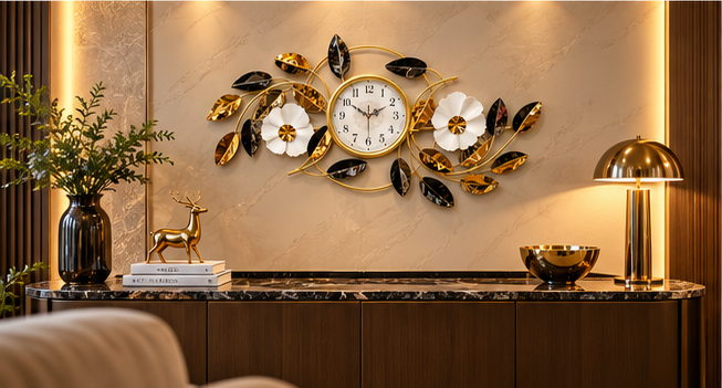 Black & Gold Floral Vine Metal Wall Clock 19 x 44 Inch
