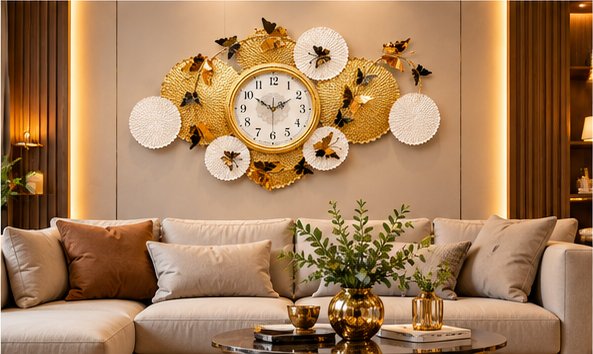 Butterfly & Lotus Disc Metal Wall Clock 21 x 40.5 Inch