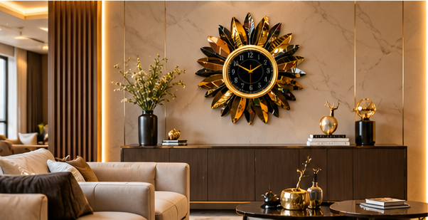 Black & Gold Sunburst Petal Metal Wall Clock 23 x 23 Inch