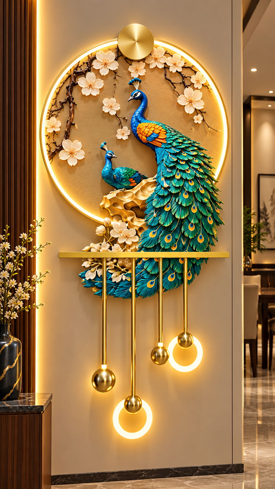 Peacock blossom LED wall art with brass shelf and hanging LED ring pendants, 24 x 52 inch