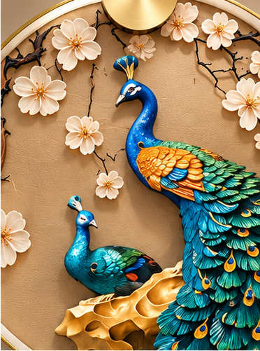 Peacock blossom LED wall art with brass shelf and hanging LED ring pendants, 24 x 52 inch - close-up of the peacock train and blossom branches