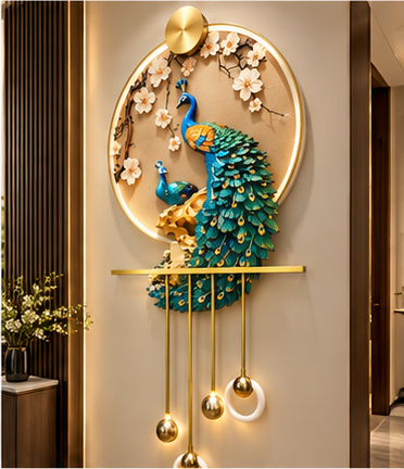 Peacock blossom LED wall art with brass shelf and hanging LED ring pendants, 24 x 52 inch - full piece on an entrance wall