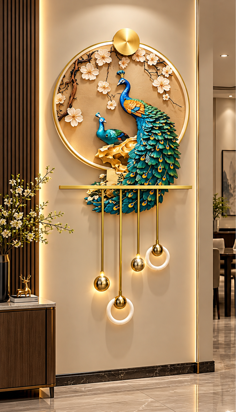 Peacock blossom LED wall art with brass shelf and hanging LED ring pendants, 24 x 52 inch - styled beside a console in a hallway