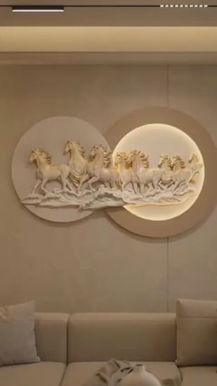 3D Galloping Horses LED Wall Art with warm LED halo, ivory and gold sculpted horses, 80 x 132 cm - product video