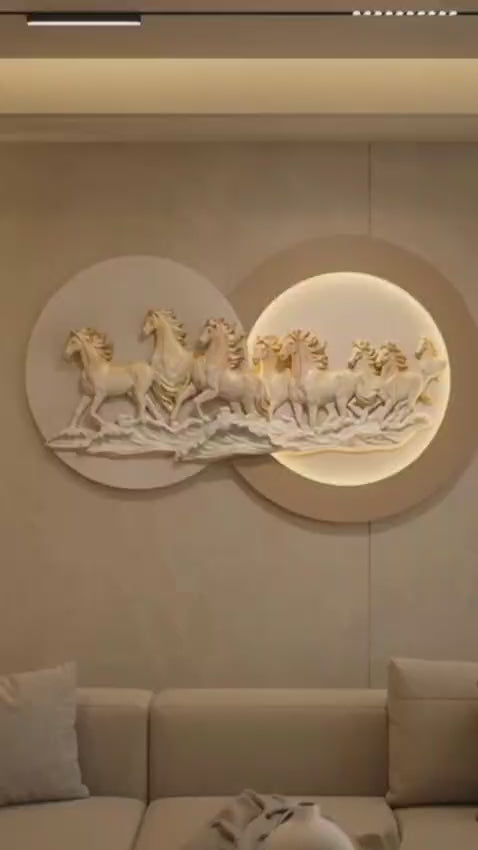 3D Galloping Horses LED Wall Art with warm LED halo, ivory and gold sculpted horses, 80 x 132 cm - product video