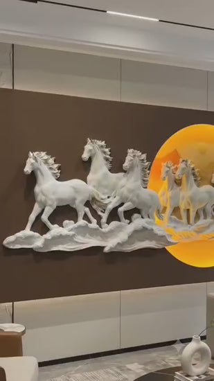 3D Seven Horses LED Wall Art in white and gold with illuminated sun, 70 x 140 cm - product video