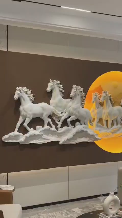 3D Seven Horses LED Wall Art in white and gold with illuminated sun, 70 x 140 cm - product video