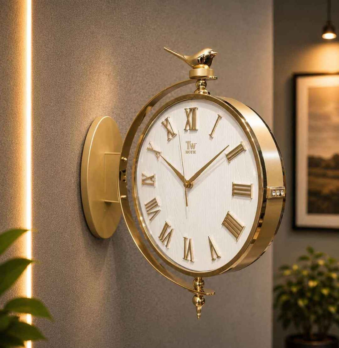 Stylish Station Wall Clock Decor Golden White with Bird