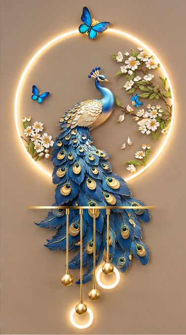 Royal blue peacock LED wall art with gold-eyed tail feathers, white blossoms and butterflies, 24 x 52 inch
