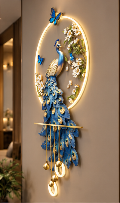 Royal blue peacock LED wall art with gold-eyed tail feathers, white blossoms and butterflies, 24 x 52 inch - angled view on the wall