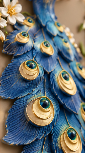 Royal blue peacock LED wall art with gold-eyed tail feathers, white blossoms and butterflies, 24 x 52 inch - close-up of the gold-eyed tail feathers