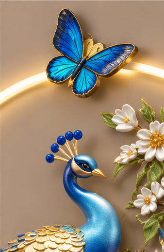 Royal blue peacock LED wall art with gold-eyed tail feathers, white blossoms and butterflies, 24 x 52 inch - close-up of the head crest and blossoms