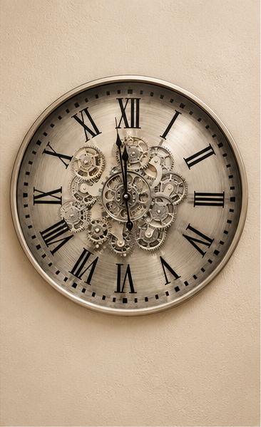 Silver steampunk gear wall clock in brushed pewter with exposed cogs, 50 cm