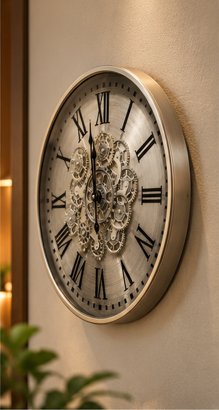 Silver steampunk gear wall clock in brushed pewter with exposed cogs, 50 cm - angled view on the wall