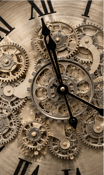 Silver steampunk gear wall clock in brushed pewter with exposed cogs, 50 cm - close-up of the silver cog cluster