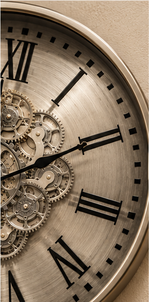 Silver steampunk gear wall clock in brushed pewter with exposed cogs, 50 cm - close-up of the Roman numerals