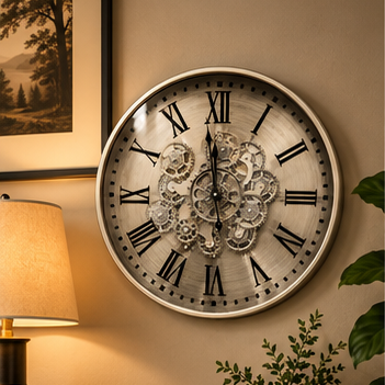 Silver steampunk gear wall clock in brushed pewter with exposed cogs, 50 cm - styled above a console table